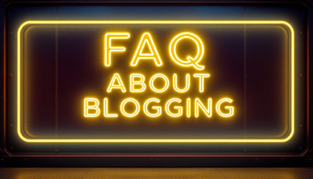 A neon sign that says FAQ About Blogging