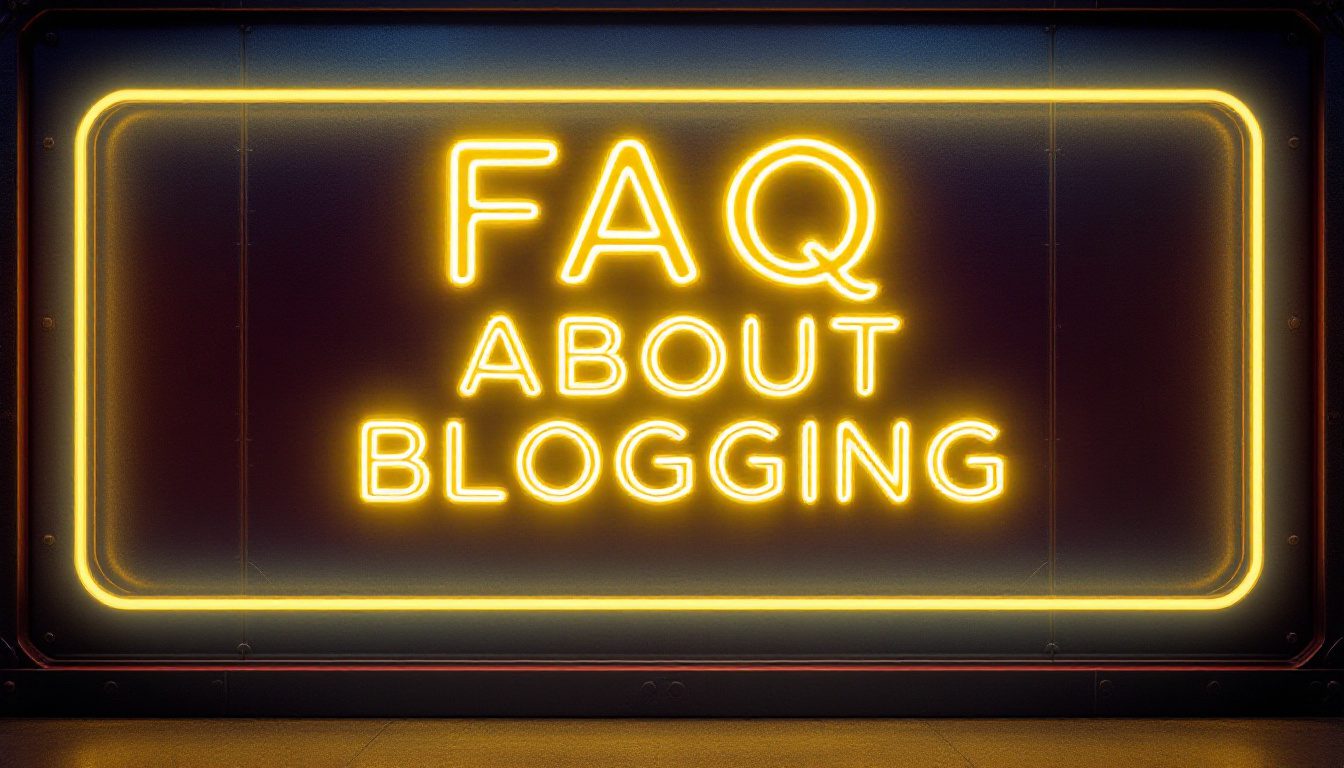 A neon sign that says FAQ About Blogging