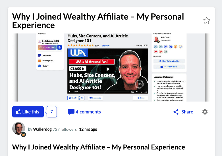 Post by Wallerdog, why I joined Wealthy Affiliate